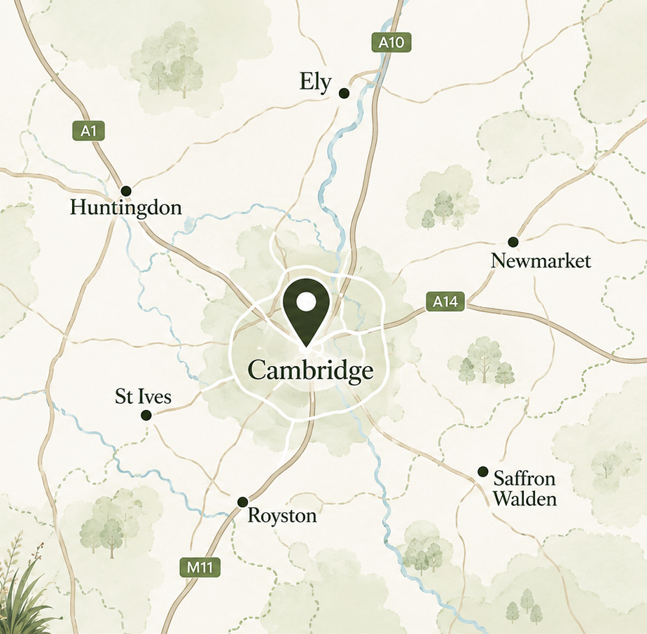 Guyler Landscapes service area map covering Cambridge and surrounding towns
